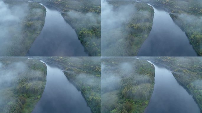 航拍下雨时山林河湾云雾