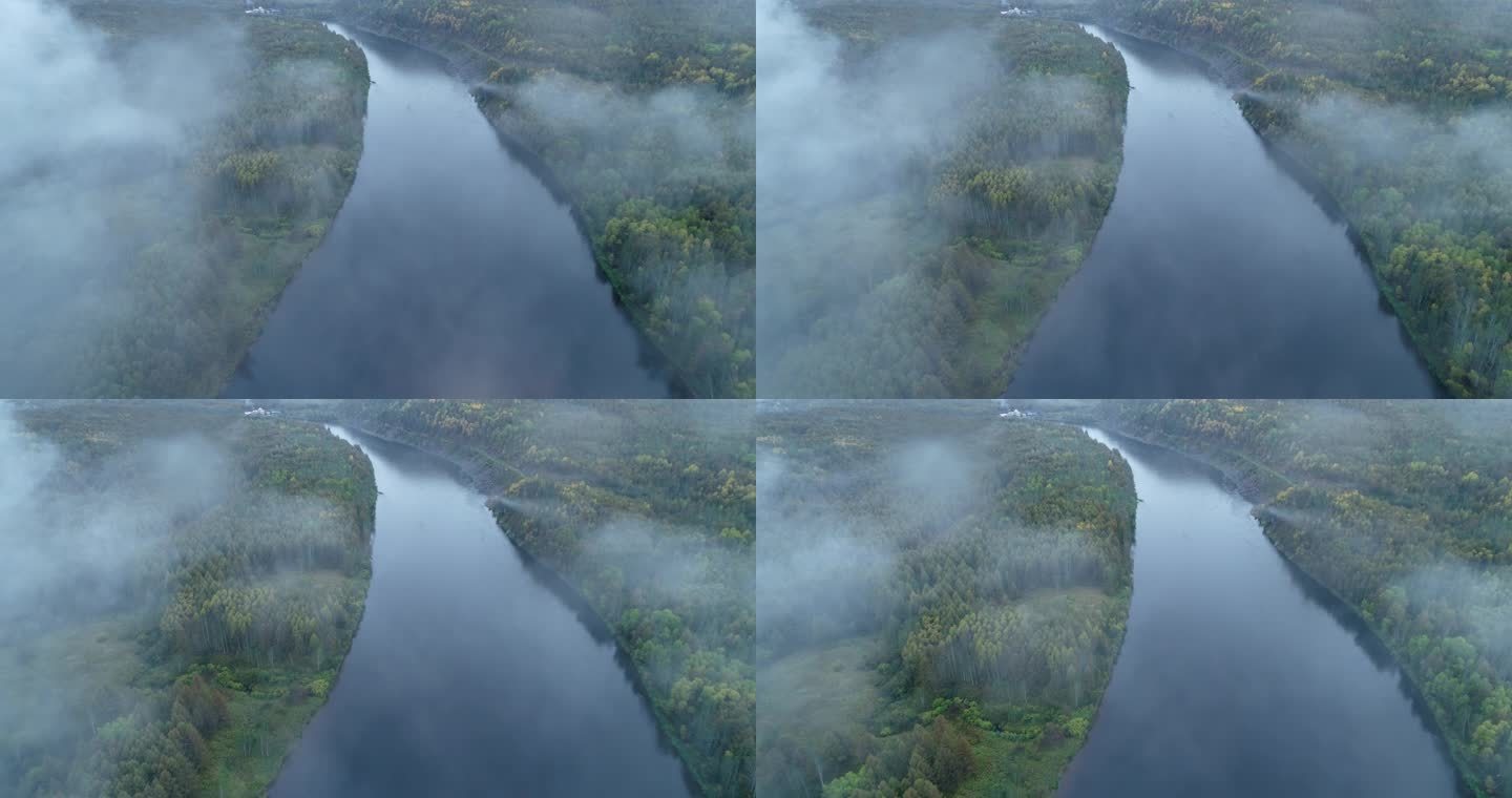 航拍下雨时山林河湾云雾