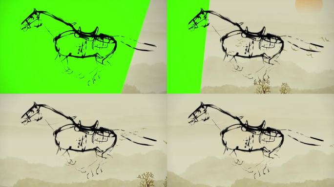 4K水墨高清绿幕奔跑的骏马循环动画