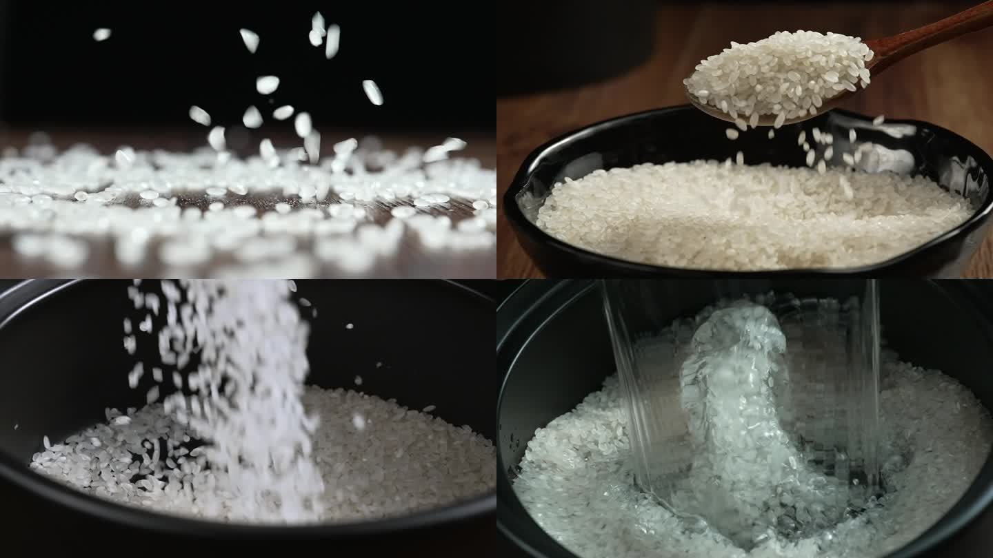 米颗颗分明，透亮，高帧升格，米掉落，煮饭