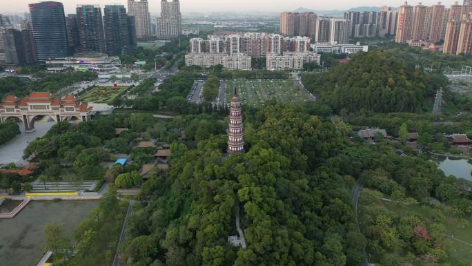 广东省佛山市顺峰山公园青云塔日落航拍