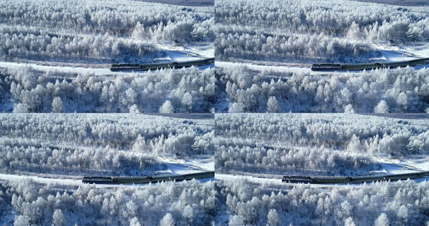 航拍大兴安岭雪原列车