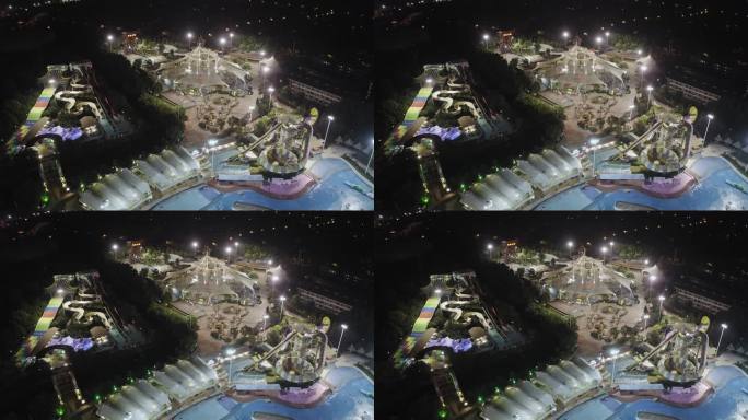 航拍上海玛雅水上乐园游乐设施夜景全景