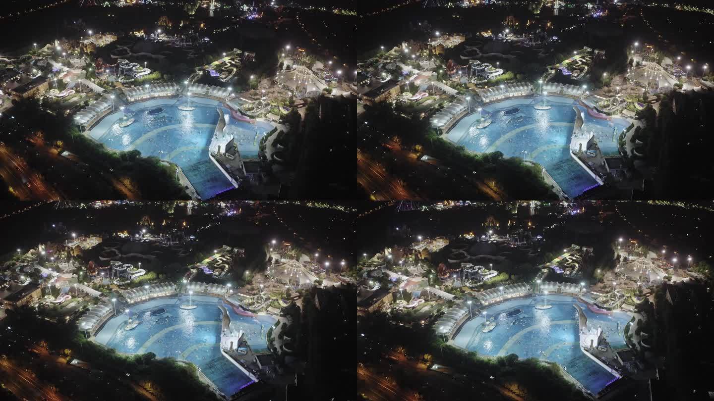 航拍上海松江玛雅水上乐园游泳池夜景