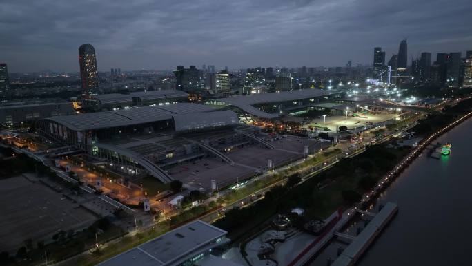 广东省广州市广交会展馆夜景航拍