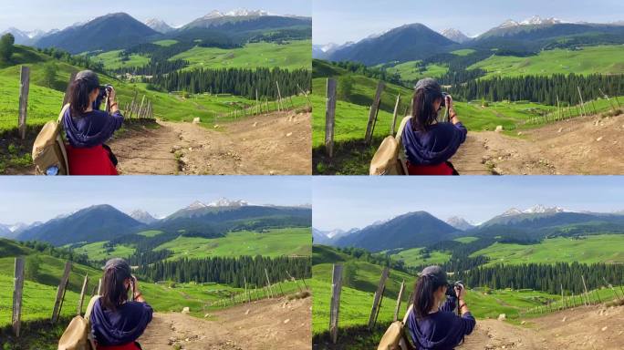 女孩用微单相机拍风景