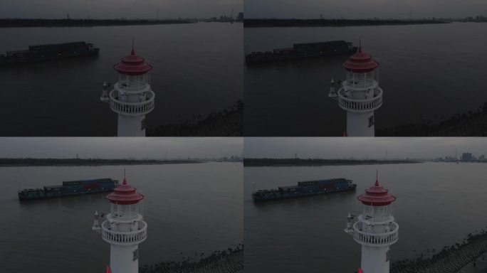 上海吴淞口夜景灯塔照亮引导货船4K航拍