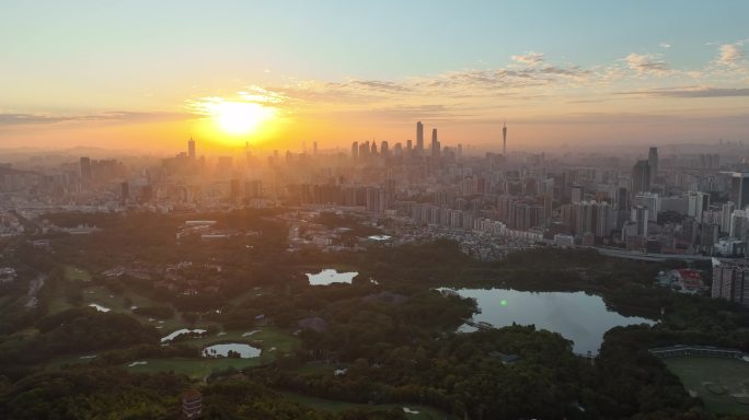 广东省广州市麓湖公园日出航拍