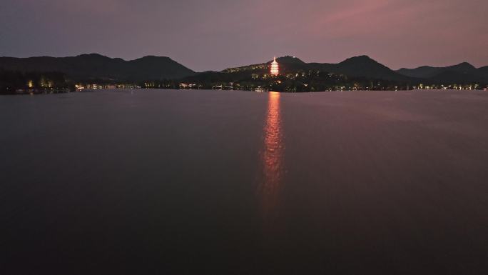 杭州西湖雷峰塔夜景航拍4k素材1