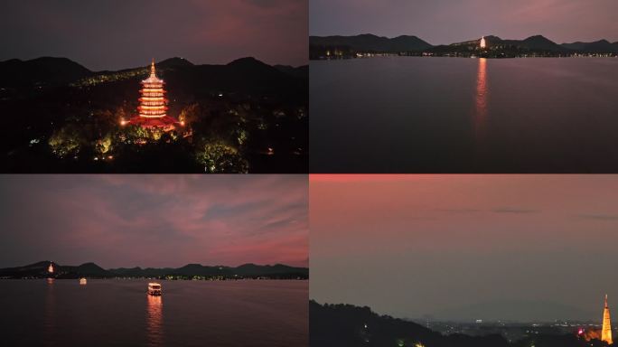 杭州西湖雷峰塔夜景航拍4k素材1