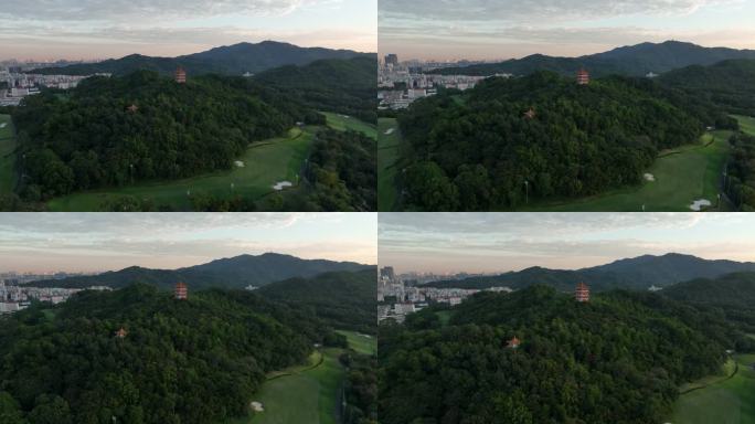 广东省广州市麓湖公园鸿鹄楼日出航拍