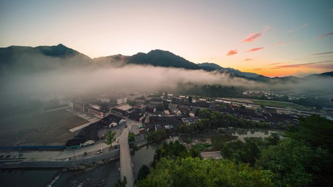 古镇村庄晚霞日落云海全景4K延时