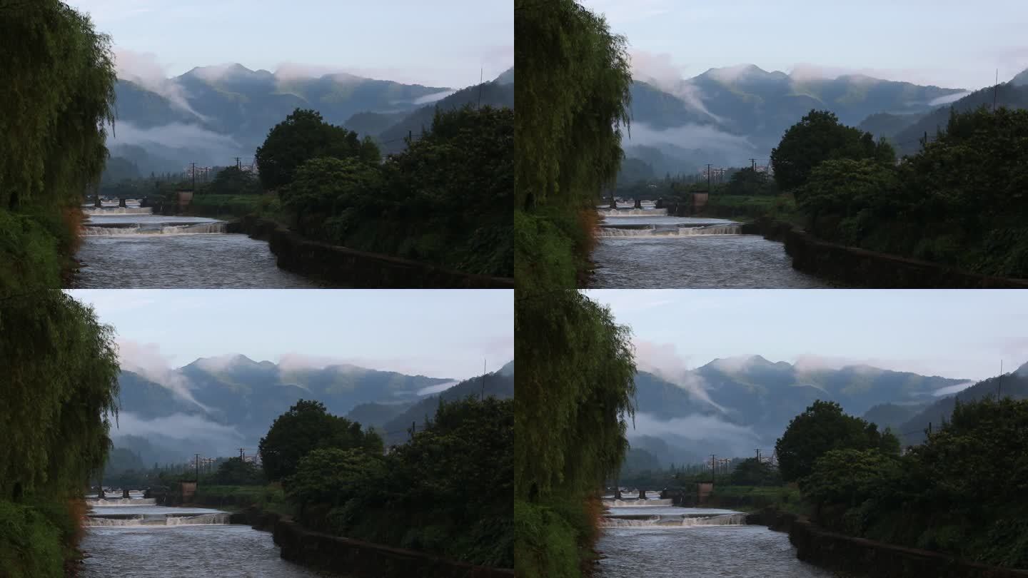 江南浙江绍兴诸暨同山雨后云雾溪水水墨乡村