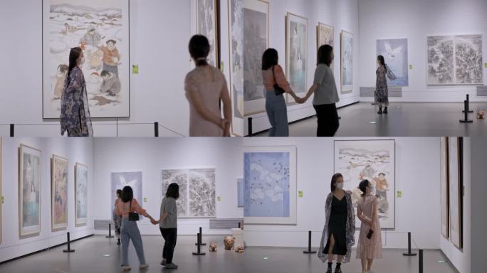 复古风美女参观室内画展欣赏美术作品合集