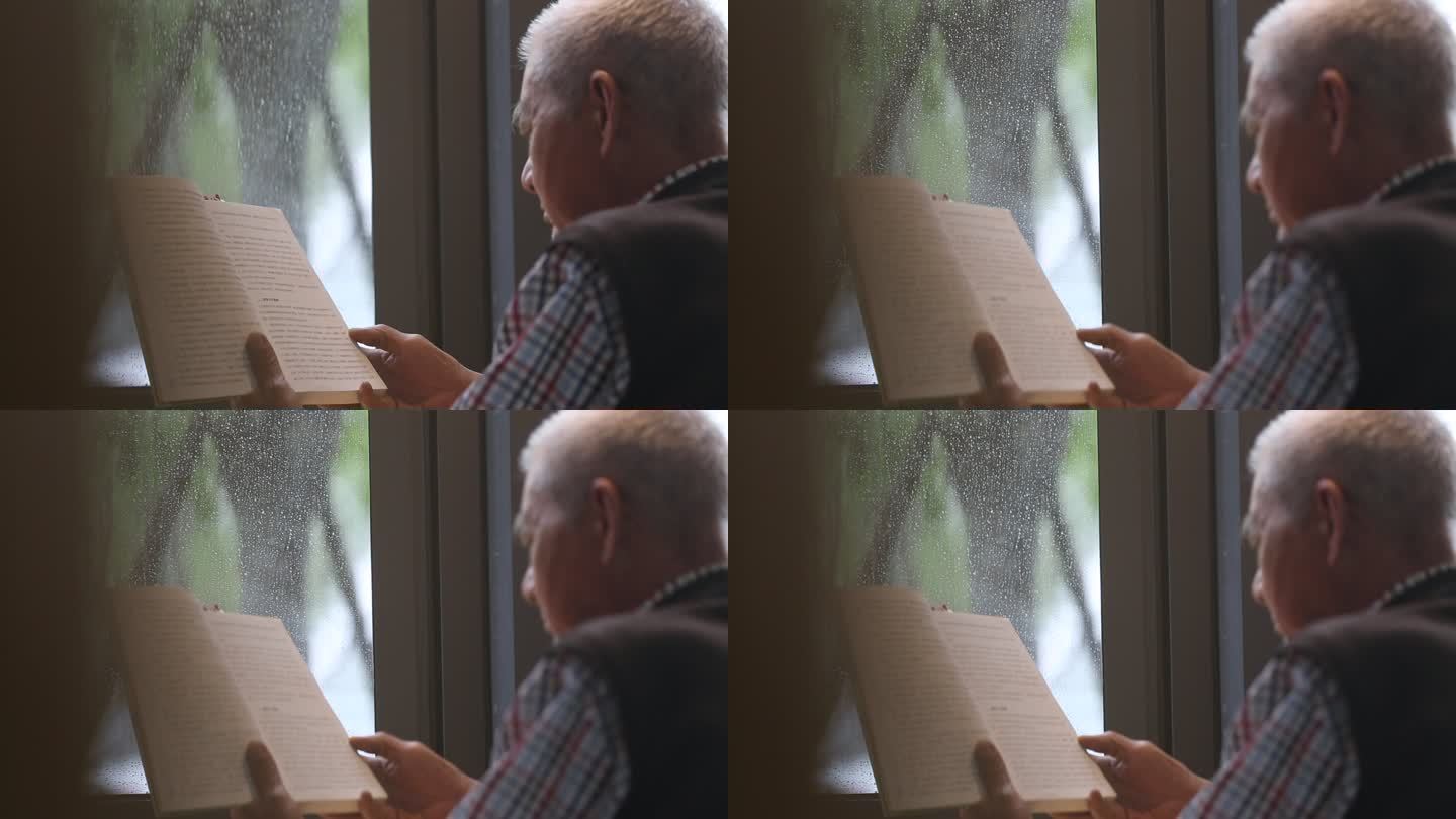 雨天书房书屋书店白发老人看书学习玻璃窗户