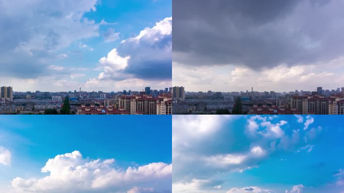 高清延时夏季城市阵雨，乌云飘过后雨过天晴