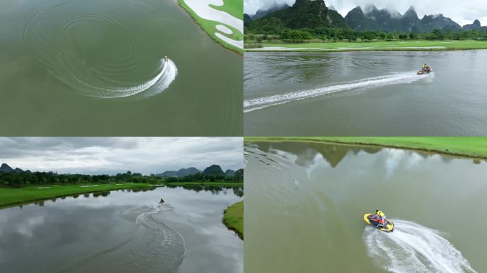 父子湖面骑摩托艇