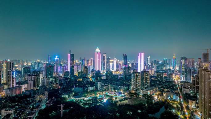 武汉城市建筑高楼大厦夜景霓虹灯延时航拍