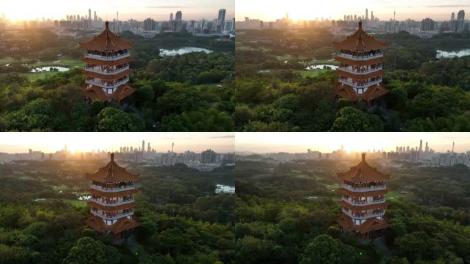 广东省广州市麓湖公园鸿鹄楼日出航拍