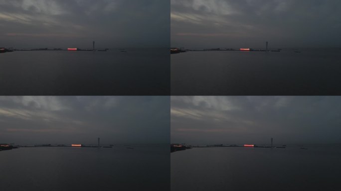 上海吴淞口夜景灯塔照亮引导货船4K航拍