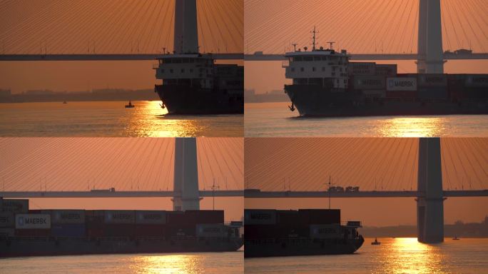 长江大桥日落，货船航行，长江大桥晚霞素材