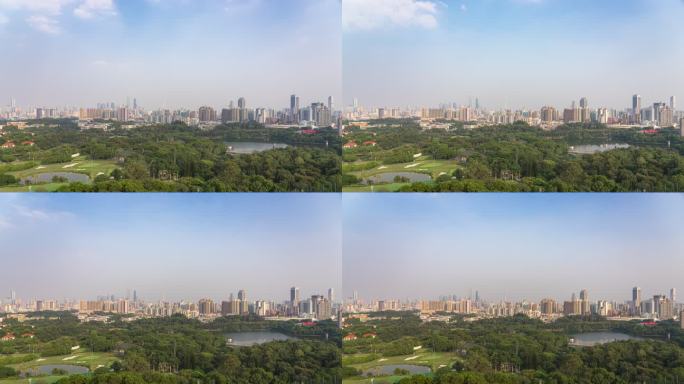 广州麓湖公园和城市天际线延时摄影航拍4k