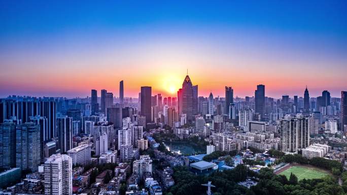 武汉城市建筑高楼大厦日落黄昏航拍延时