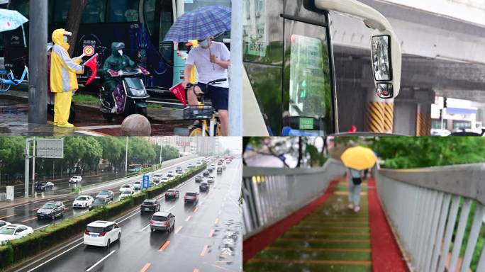 下雨城市上下班交通早高峰的人流和车流