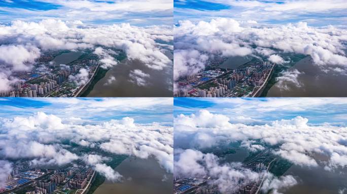武汉城市蓝天白云穿云俯视江城长江航拍延时