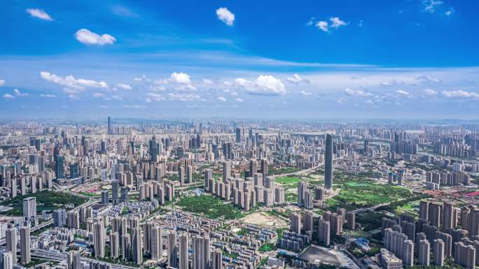 武汉城市商务区中心大厦白云蓝天航拍延时