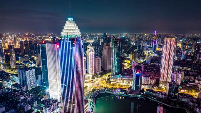 武汉城市建设大道新华路夜景霓虹灯航拍延时