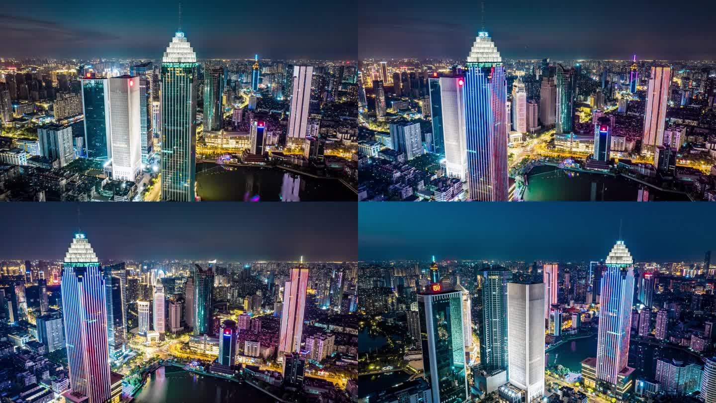 武汉城市建设大道新华路夜景霓虹灯航拍延时