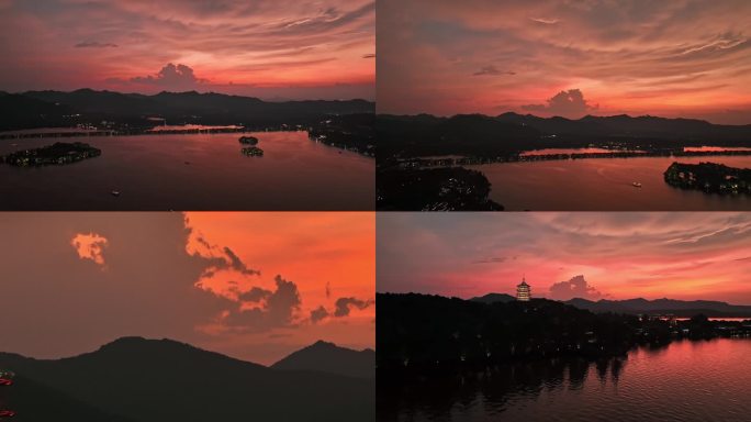 杭州西湖雷峰塔夜景航拍4k素材2