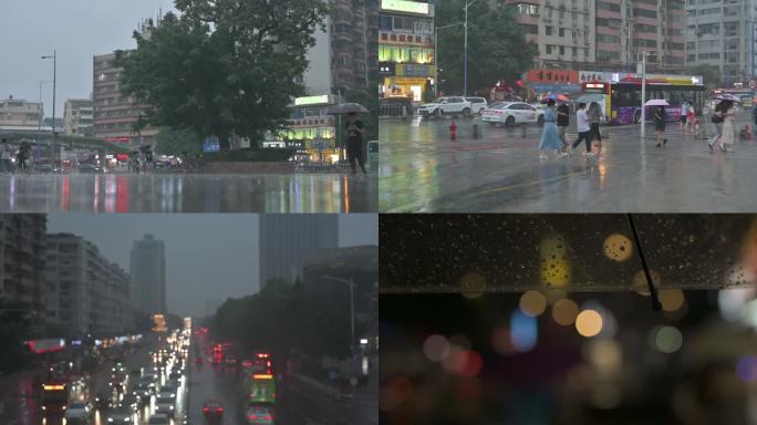 城市下雨雨伞车流