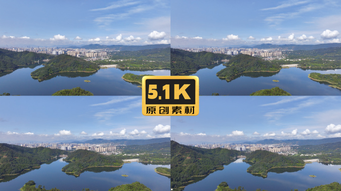 5K-松华坝水库航拍，松华坝远眺昆明市区