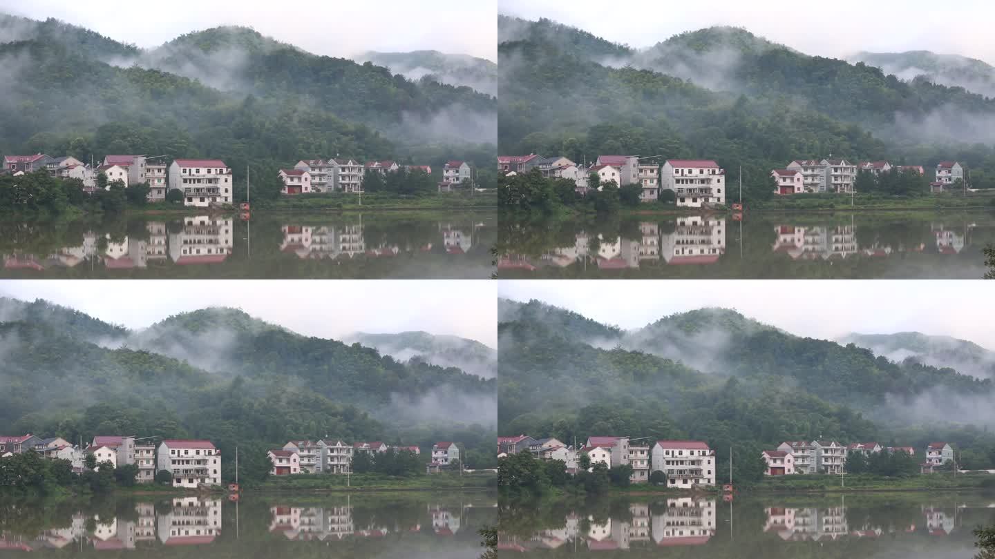 江南浙江绍兴诸暨同山雨后乡村云雾水墨山水