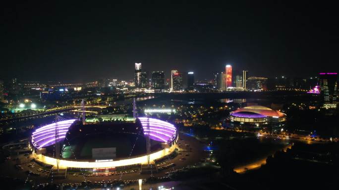 浙江义乌城市地标夜景滑动变焦航拍