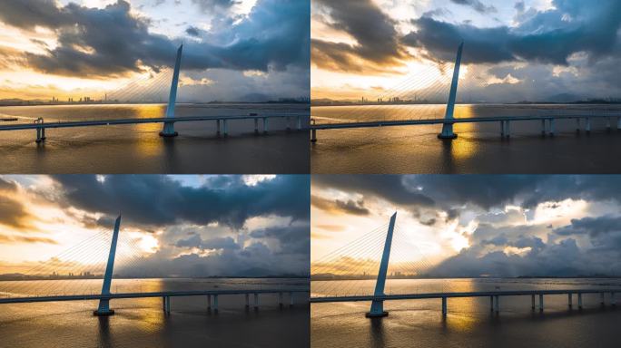 深圳湾大桥日出航拍延时摄影城市风光