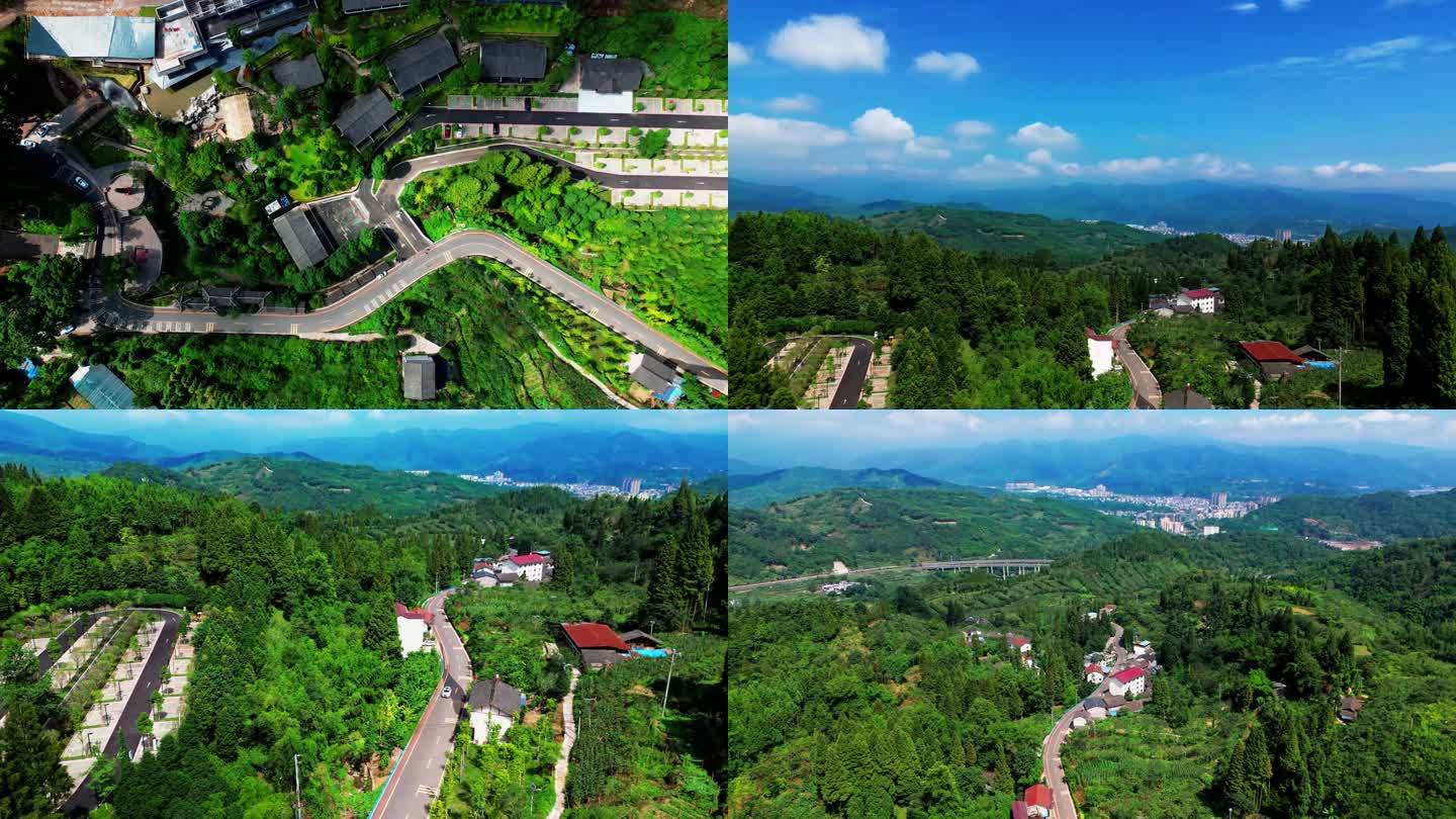 航拍蓝天白云下的云峰山景区公路