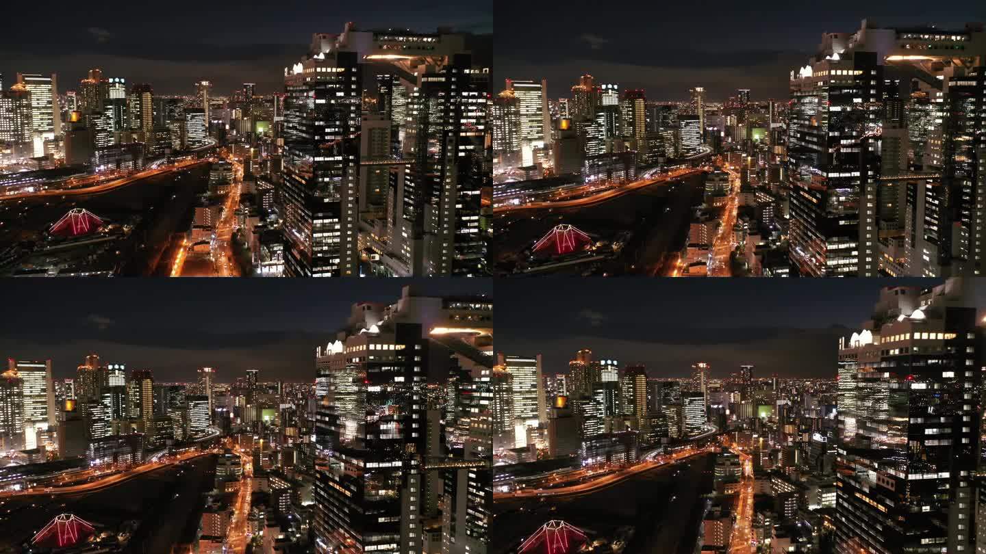 原创4K 日本大阪梅田蓝天大厦天际线航拍