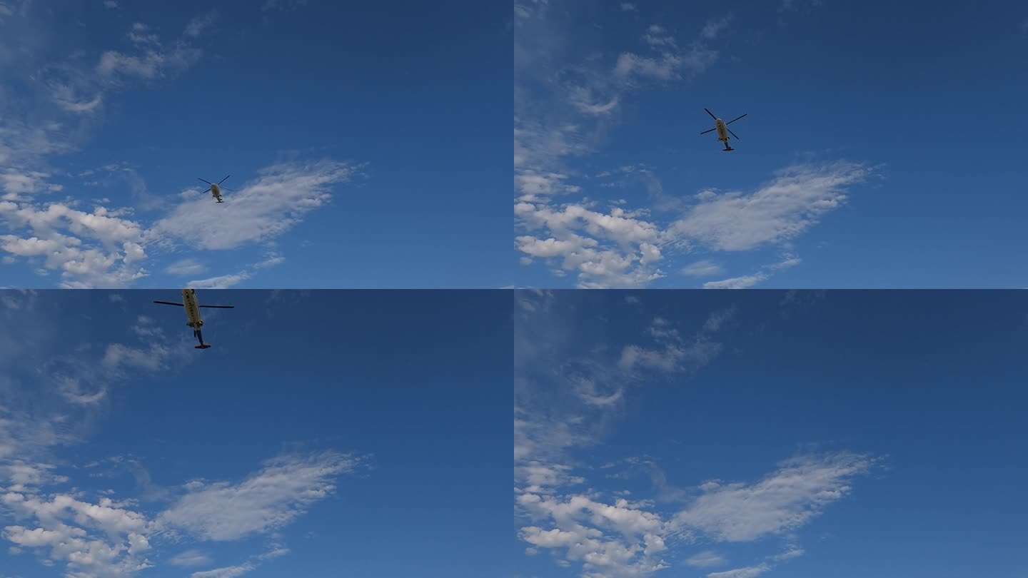 一架直升机从蔚蓝的天空飞过