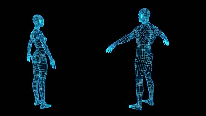 4K蓝色全息线框科技人体旋转素材带通道