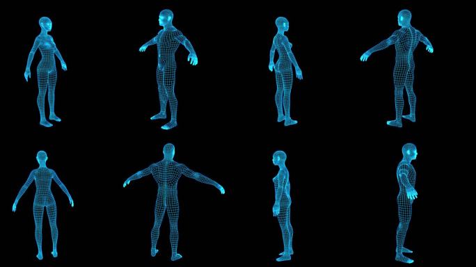 4K蓝色全息线框科技人体旋转素材带通道