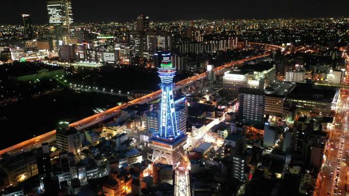 原创4K日本大阪通天阁都市天际线夜景航拍