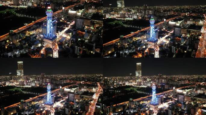 原创4K日本大阪通天阁都市天际线夜景航拍