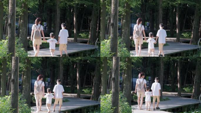 4K母子三人在森林公园中散步游玩