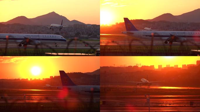 清晨朝霞中飞机在机场跑道降落