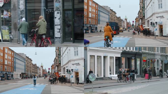 丹麦哥本哈根市区街景骑单车路人