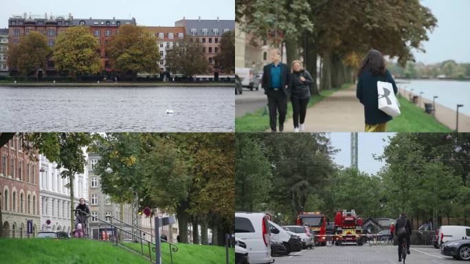 秋天丹麦哥本哈根天鹅湖畔漫步的行人
