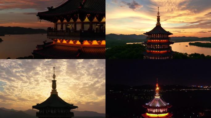 杭州西湖雷峰塔夜景雷峰夕照航拍